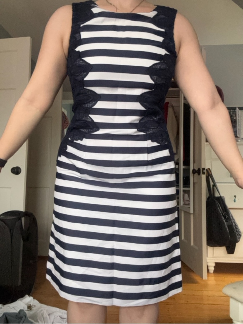 Tahari Navy and White Striped Midi Dress with Lace Insets
